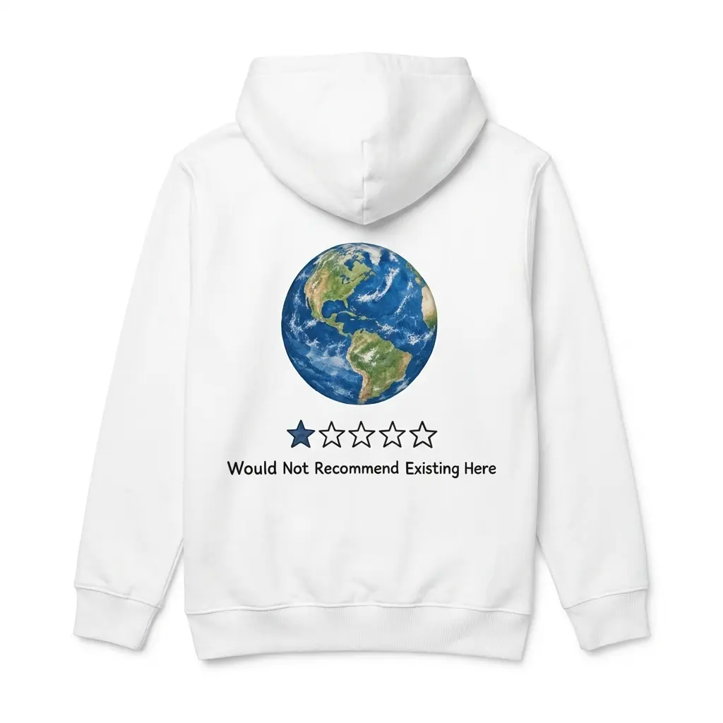 Earth One Star Review Would Not Recommend Funny T-Shirt 2 Cozy pullover hoodie displaying back print of planet Earth with a one star rating bar reading Would Not Recommend Existing Here