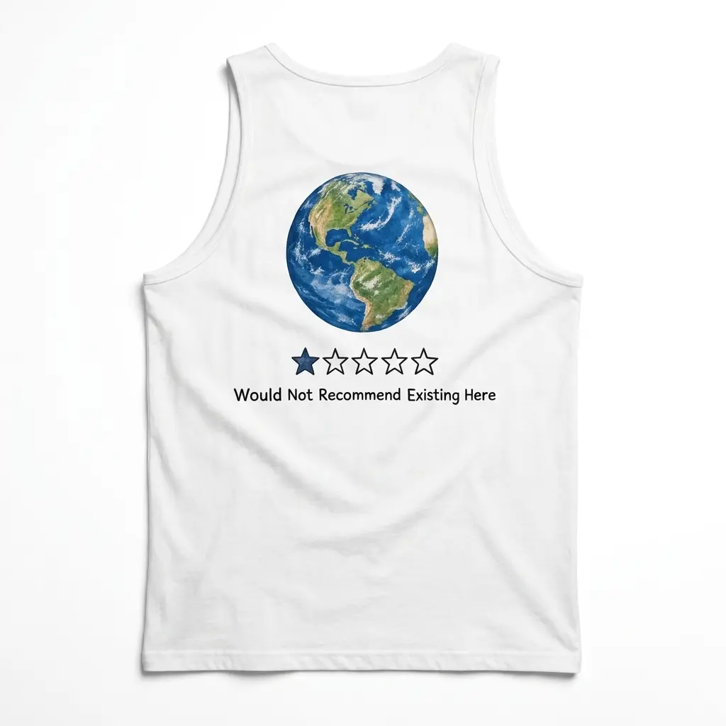 Earth One Star Review Would Not Recommend Funny T-Shirt 3 Sleeveless casual tank top with back print of planet Earth with a one star rating bar reading Would Not Recommend Existing Here