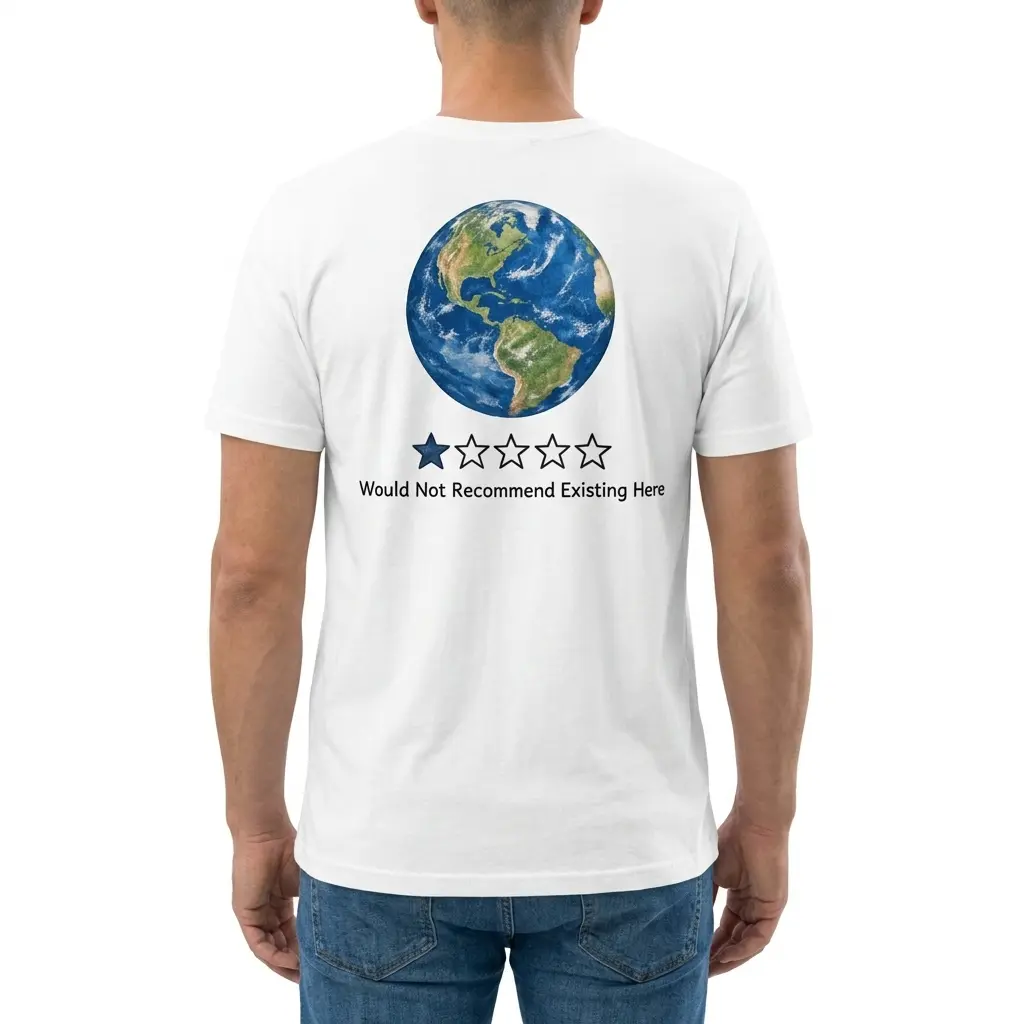 Earth One Star Review Would Not Recommend Funny T-Shirt 4 Man wearing white graphic tee with back print of planet Earth with a one star rating bar reading Would Not Recommend Existing Here