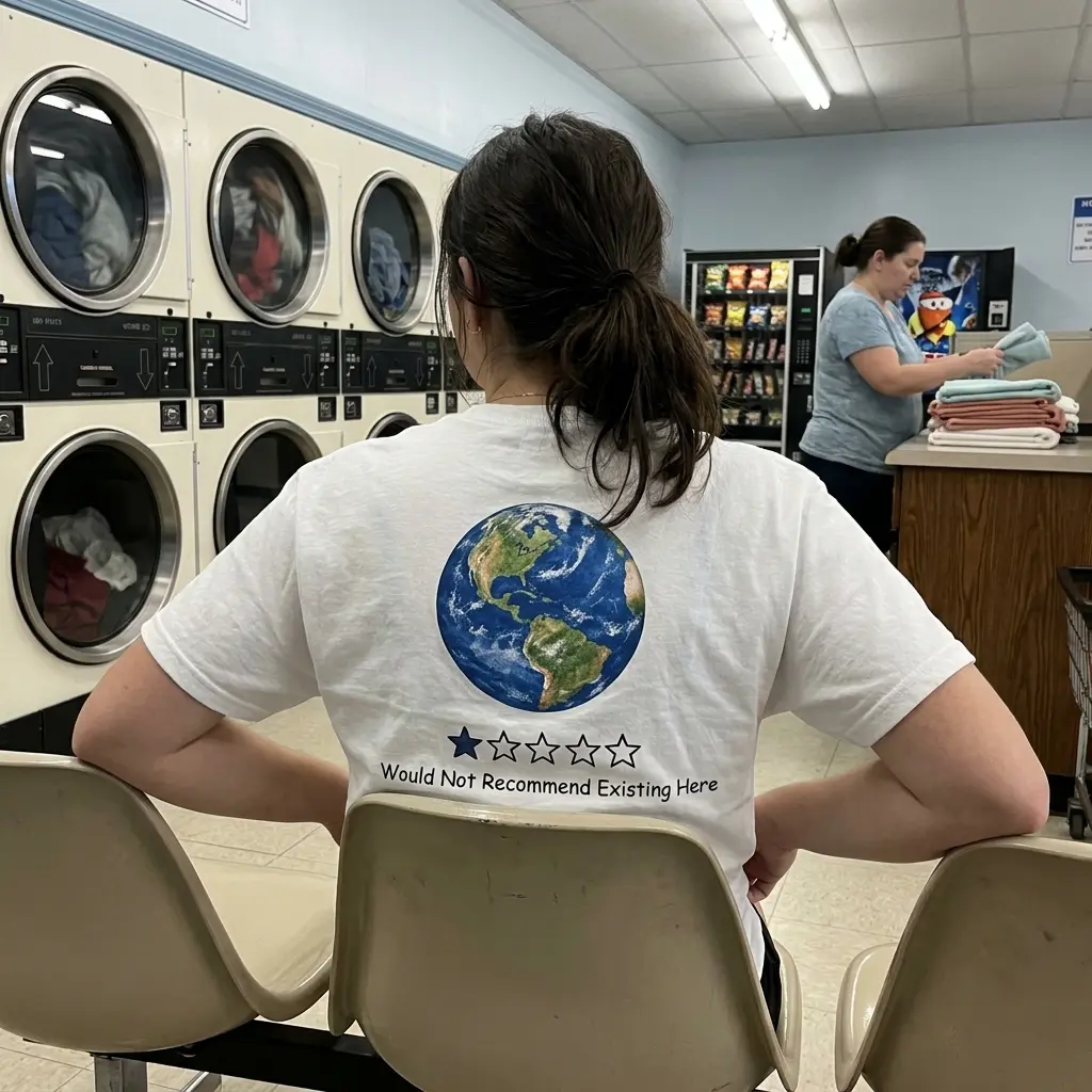 Earth One Star Review Would Not Recommend Funny T-Shirt 5 Everyday streetwear outfit styling white shirt with back print of planet Earth with a one star rating bar reading Would Not Recommend Existing Here