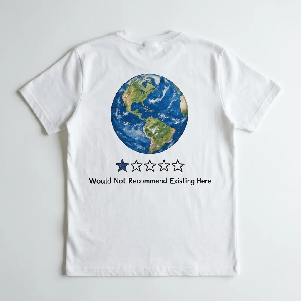 Earth One Star Review Would Not Recommend Funny T-Shirt 1 Flatlay white t-shirt featuring back print of planet Earth with a one star rating bar reading Would Not Recommend Existing Here