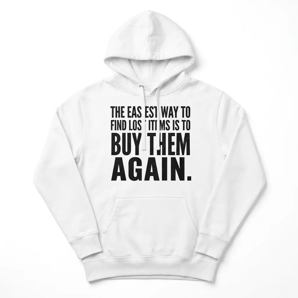 Easiest Way to Find Lost Items Is to Buy Them Again T-Shirt 2 Front-facing hoodie displaying bold black text: "The easiest way to find lost items is to buy them again.