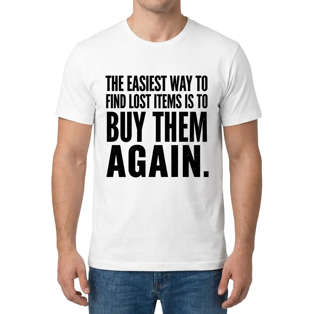 Easiest Way to Find Lost Items Is to Buy Them Again T-Shirt 4 Man wearing a T-shirt with bold black text reading, "The easiest way to find lost items is to buy them again.