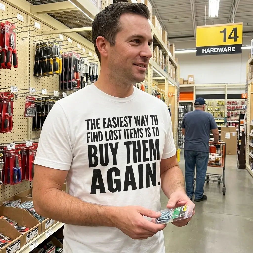Easiest Way to Find Lost Items Is to Buy Them Again T-Shirt 5 Lifestyle view of the T-shirt featuring the phrase "The easiest way to find lost items is to buy them again.