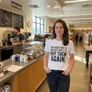 Easiest Way to Find Lost Items Is to Buy Them Again T-Shirt 11 Lifestyle view showing the lost-items phrase printed in bold black lettering on the T-shirt