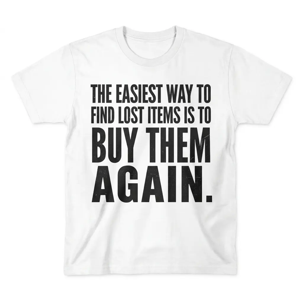 Easiest Way to Find Lost Items Is to Buy Them Again T-Shirt 1 White front-facing T-shirt with bold black text reading, "The easiest way to find lost items is to buy them again.