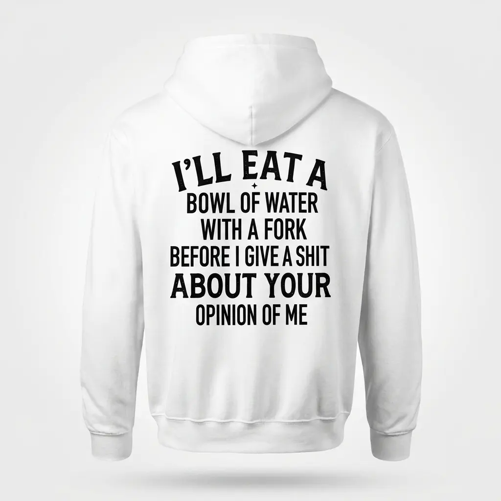 Eat a Bowl of Water With a Fork Funny Sarcastic T-Shirt 2 Back flat lay view of a hoodie with funny text reading I'll eat a bowl of water with a fork before I give a shit about your opinion of me.