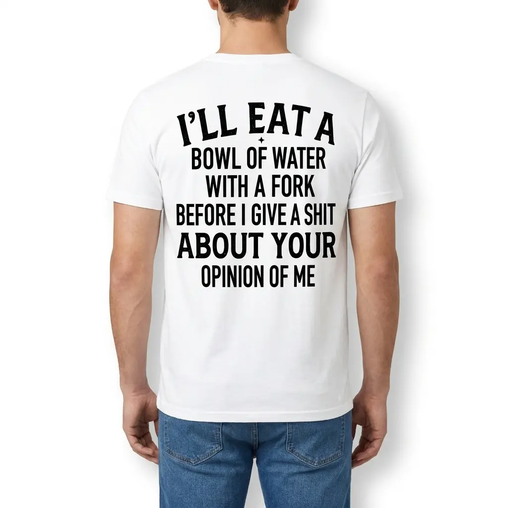 Eat a Bowl of Water With a Fork Funny Sarcastic T-Shirt 4 Male model wearing the sarcastic shirt seen from behind with the text I'll eat a bowl of water with a fork printed across the back.