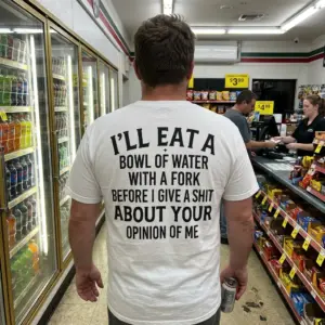 Eat a Bowl of Water With a Fork Funny Sarcastic T-Shirt 10 Lifestyle view showcasing the sarcastic graphic apparel featuring humorous text about eating a bowl of water with a fork.