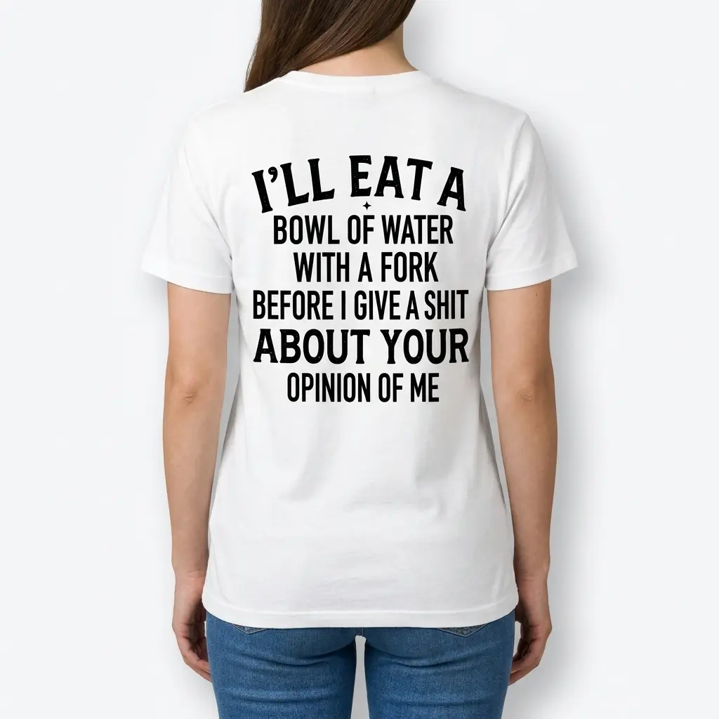 Eat a Bowl of Water With a Fork Funny Sarcastic T-Shirt 6 Female model wearing the funny sarcastic quote shirt seen from the back, showing bold graphic typography.