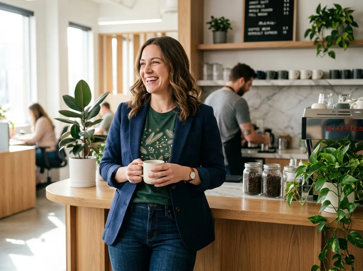 Christmas Shirt Ideas: Holiday Style & Outfit Guide for Parties, Work & Family 2 An adult in a navy blazer over a green holiday graphic T-shirt holding a cup near a coffee counter.