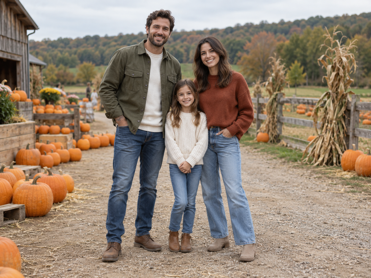 9 Pumpkin Patch Outfit Ideas for Fall Photos and Farm Days 3 Two adults and a child wear different olive, rust, cream, and denim layers on a pumpkin-patch path.