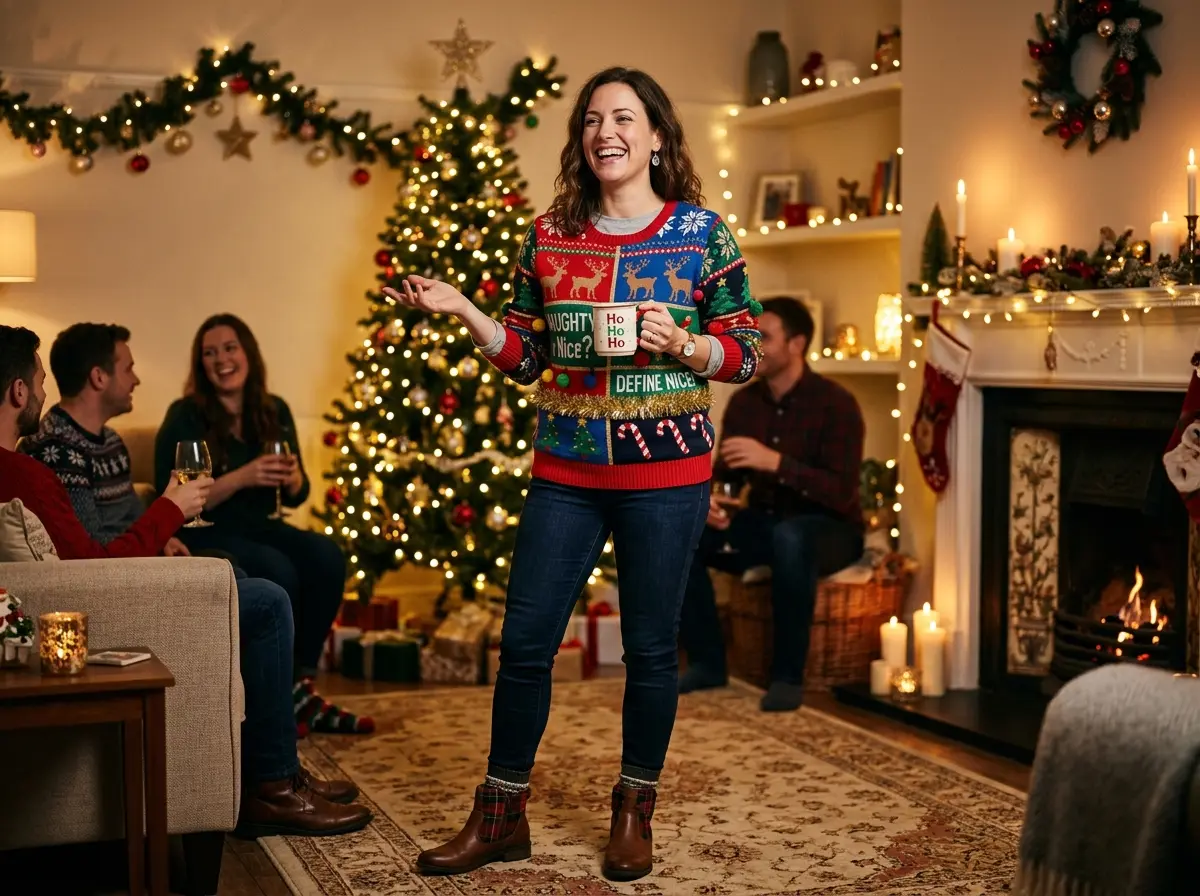 Ugly Christmas Sweater Party Outfits: Ideas for Every Venue 3 Woman wearing a tacky Christmas sweater and boots smiling with mug at cozy living room holiday party