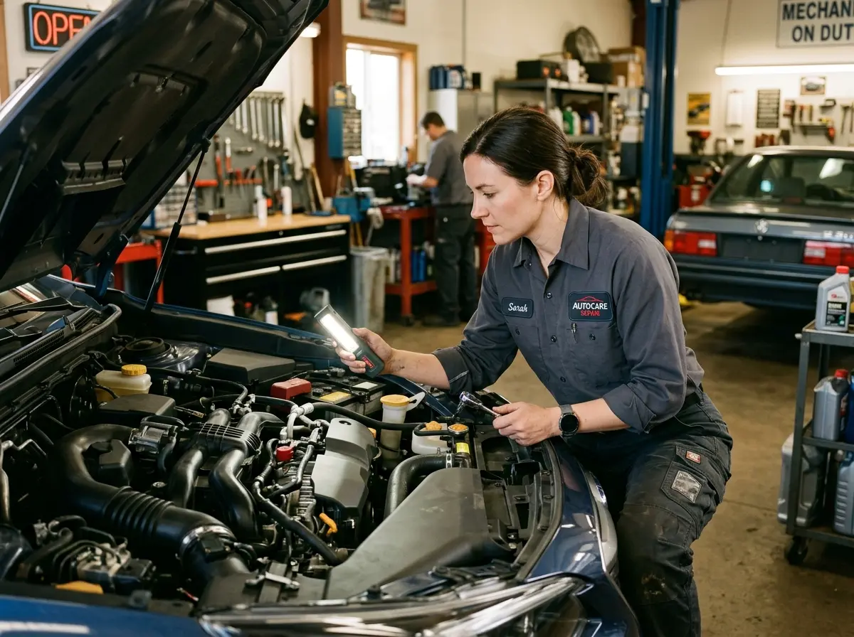 Christmas Gifts for Mechanics: Stockings, Secret Santa & Keepsakes 2 A technician using a handheld inspection light to look into a vehicle's open engine bay in a repair garage.