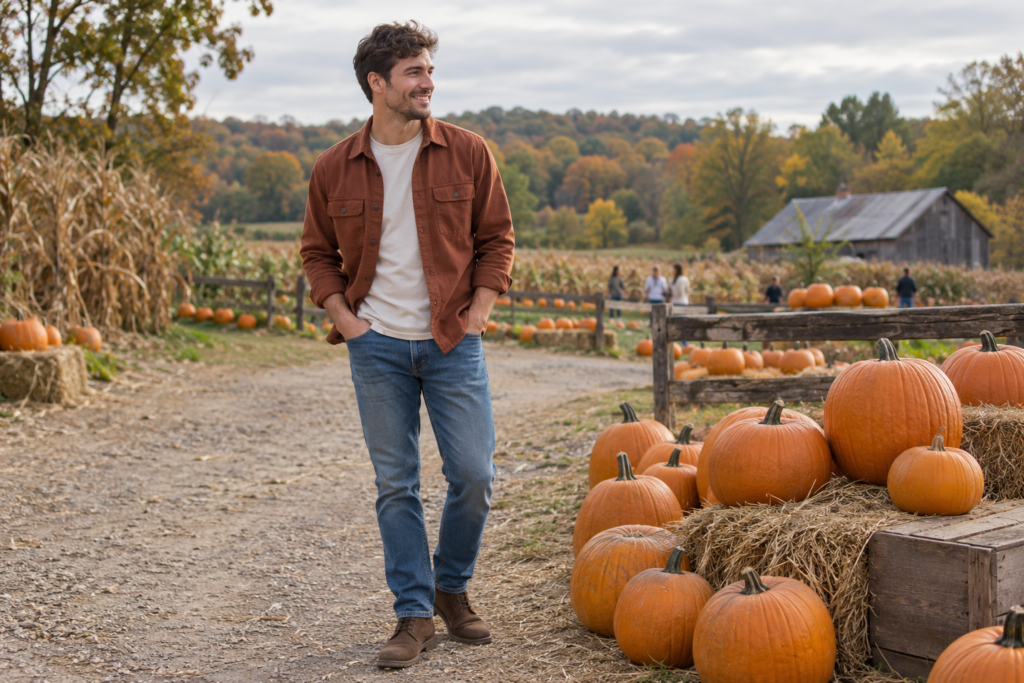 9 Pumpkin Patch Outfit Ideas for Fall Photos and Farm Days 1 An adult visitor in a rust overshirt and jeans stands beside pumpkins on a farm path.
