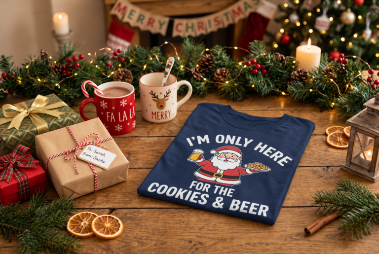 Illustrative folded navy holiday T-shirt reading I'm Only Here For The Cookies & Beer beside gifts, mugs and evergreen decorations