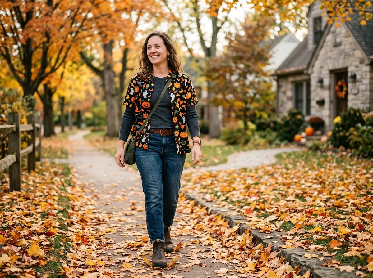 7 Halloween Costumes With a Hawaiian Shirt: DIY Character and Party Ideas 6 Person wearing an unbuttoned Halloween Hawaiian shirt layered over a dark long-sleeve tee on an autumn street