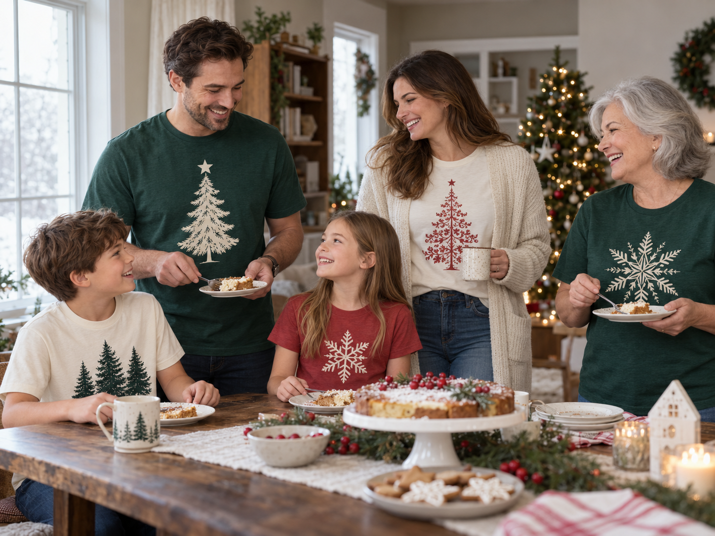 Christmas Shirt Ideas: Holiday Style & Outfit Guide for Parties, Work & Family 3 Five family members in green, cream, and red Christmas graphic T-shirts gathered around a dessert table.