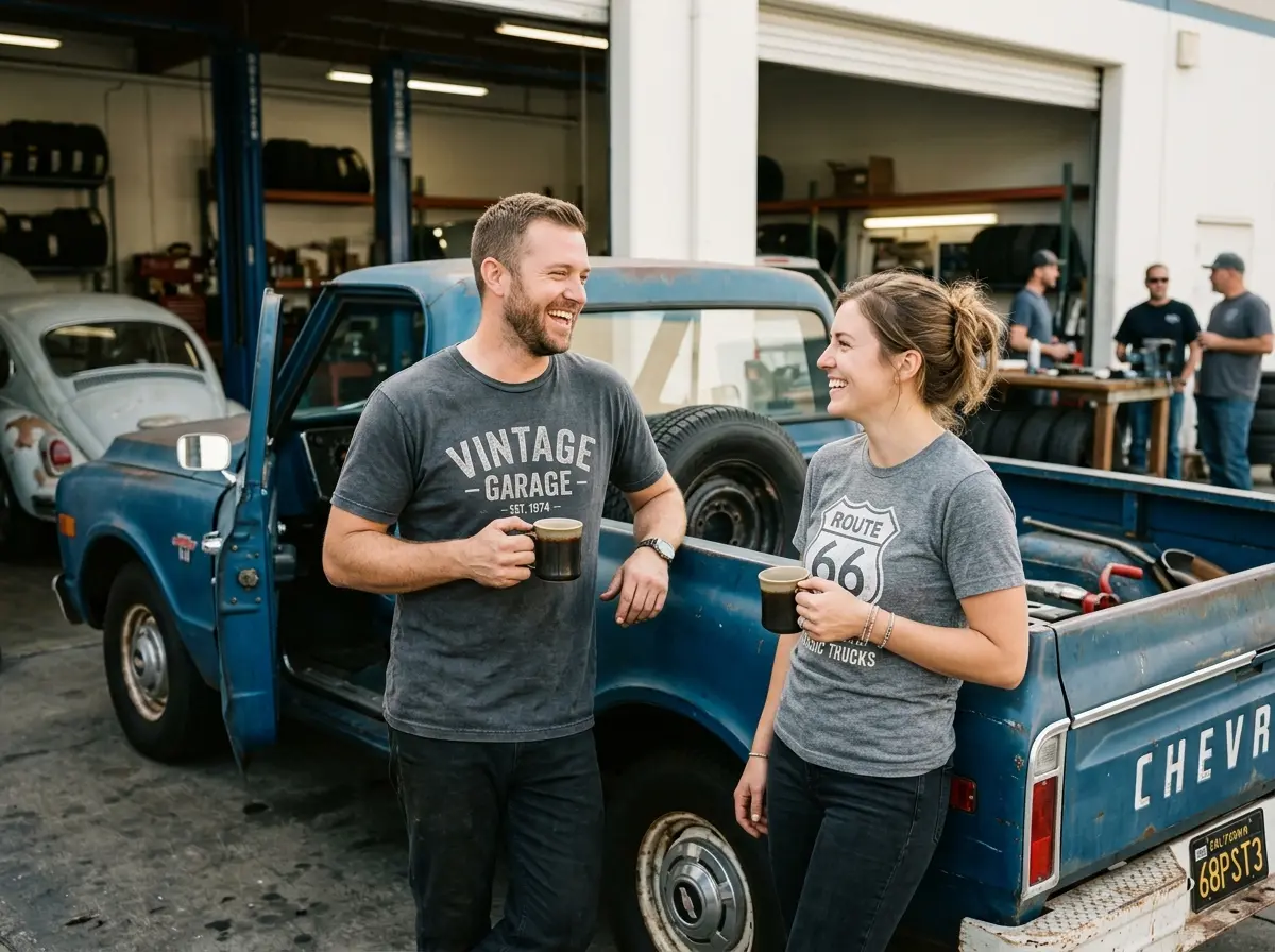 Christmas Gifts for Mechanics: Stockings, Secret Santa & Keepsakes 6 Two people in graphic T-shirts talking over coffee beside a vintage pickup truck outside a garage.