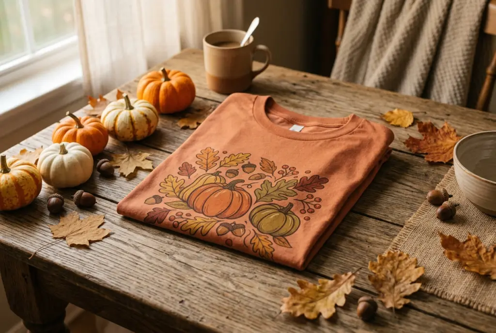Thanksgiving Shirt Ideas: What to Wear for Dinner, Turkey Trots, and Friendsgiving 1 Folded terracotta Thanksgiving graphic tee with autumn pumpkin illustration on a rustic wooden dining table decorated with mini pumpkins and fall leaves.