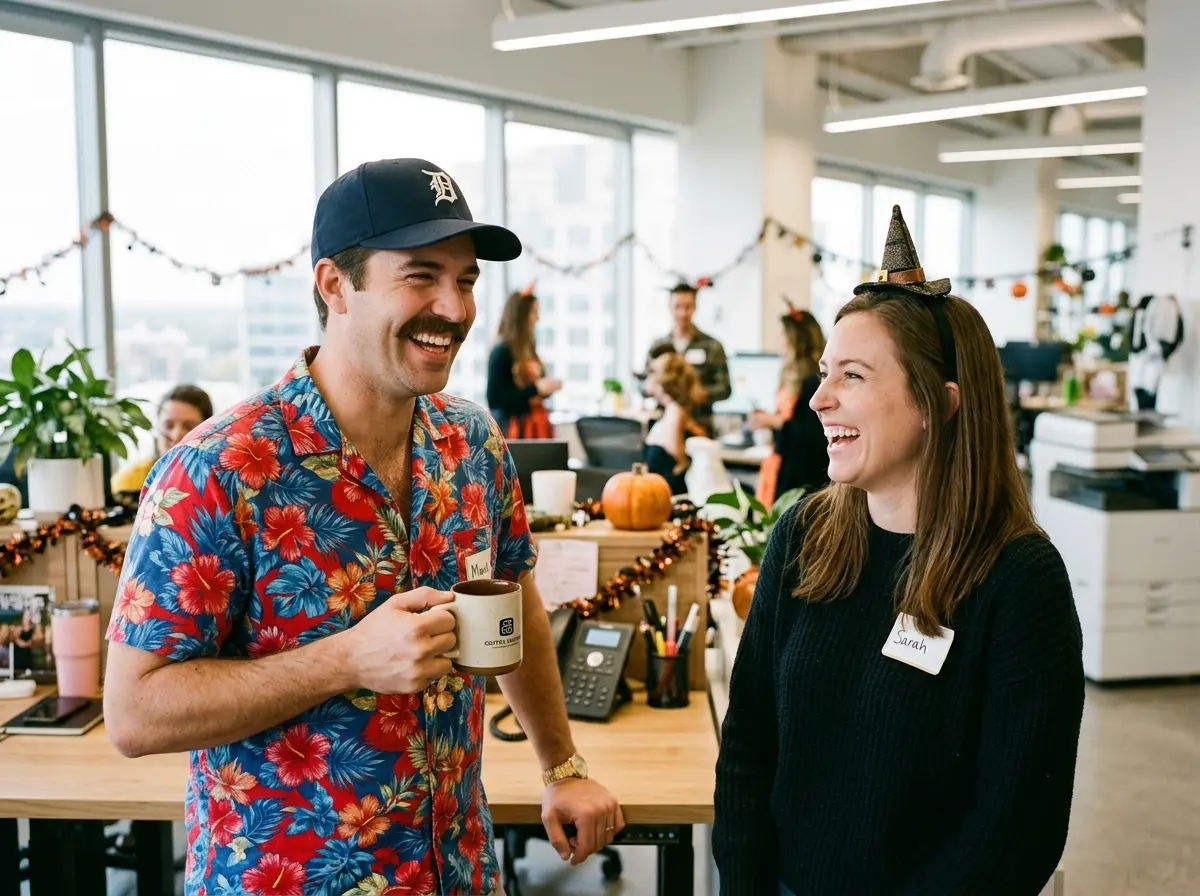 7 Halloween Costumes With a Hawaiian Shirt: DIY Character and Party Ideas 2 Two coworkers laughing in a decorated office, one wearing a Magnum P.I. style tropical Hawaiian shirt