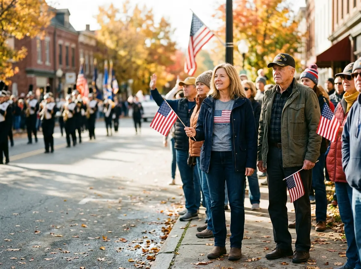 What to Wear for Veterans Day: Respectful Outfit Ideas for Parades, Work & Ceremonies 2 Spectators wearing smart-casual patriotic layers and holding American flags during an autumn Veterans Day parade