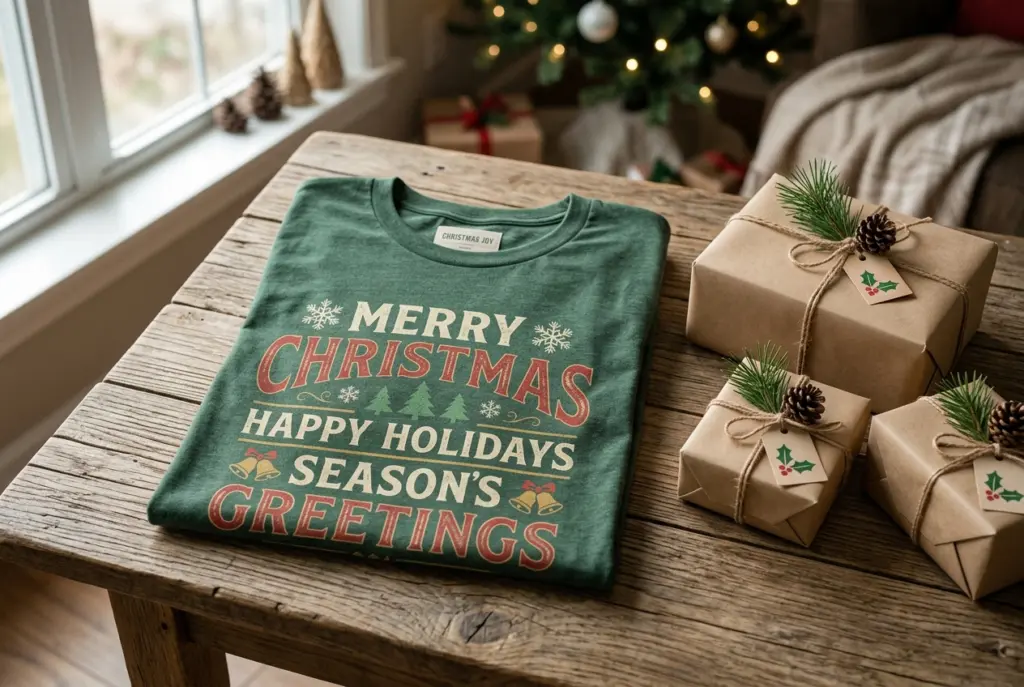 Christmas Shirt Ideas: Holiday Style & Outfit Guide for Parties, Work & Family 1 A folded green Christmas graphic T-shirt with vintage holiday typography on a rustic wooden table beside kraft paper gift boxes.