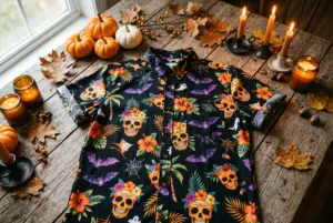 Black Halloween Hawaiian button-down shirt with skull and bat patterns on a rustic wooden table with pumpkins