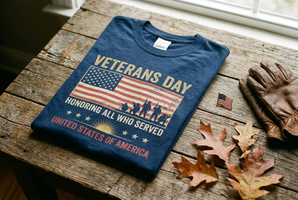 Folded navy blue Veterans Day graphic t-shirt laid on rustic wood with American flag pin and autumn leaves