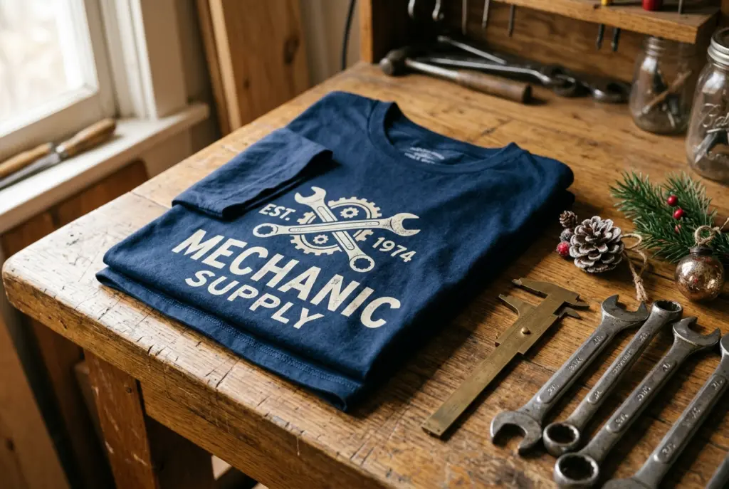 Christmas Gifts for Mechanics: Stockings, Secret Santa & Keepsakes 1 Folded navy blue graphic T-shirt resting on a wooden garage workbench beside vintage hand wrenches, brass calipers, and subtle pine cone Christmas decorations.