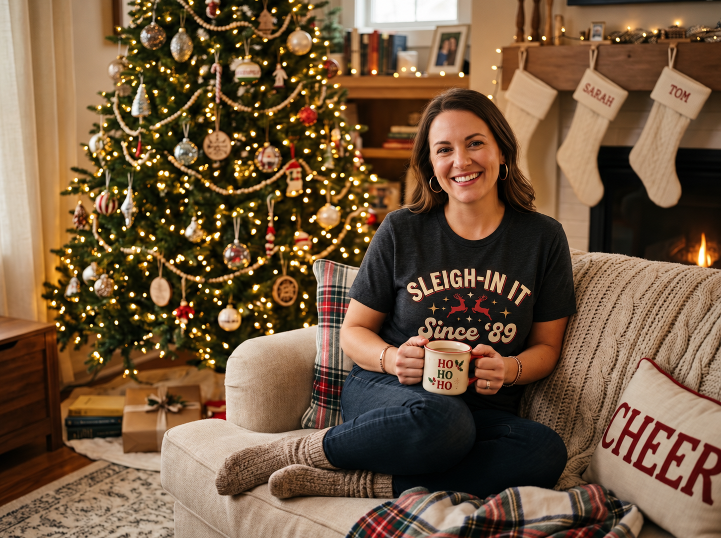 Funny Christmas Gifts: Humorous Holiday Ideas People Actually Keep 3 Illustrative holiday outfit with a woman wearing a Sleigh-In It Since '89 tee beside a Christmas tree