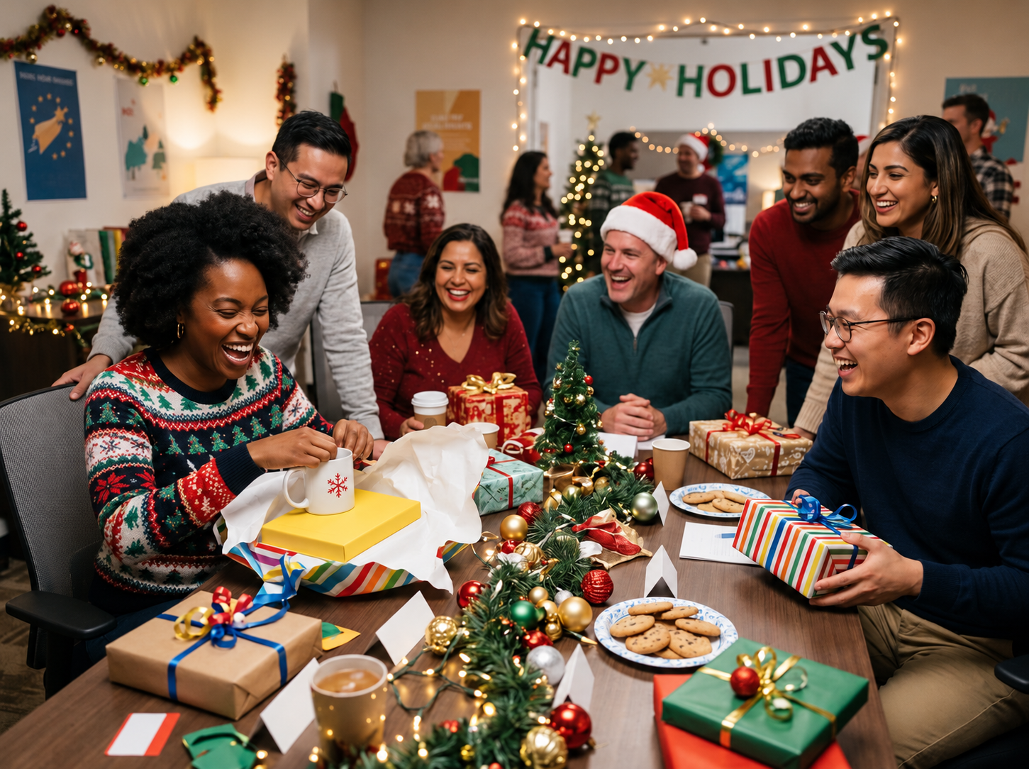 Funny Christmas Gifts: Humorous Holiday Ideas People Actually Keep 2 Coworkers sharing gifts at an office holiday party, with a snowflake mug and wrapped presents on the table