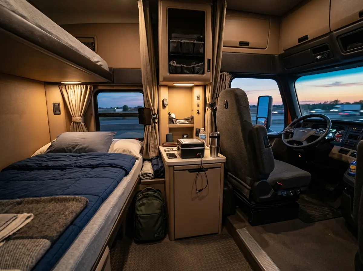 Christmas Gifts for Truck Drivers: Useful Road Gifts, Cab Gear & Off-Duty Tees 2 Semi-truck cab with a sleeper bunk, driver seat, tabletop lunch container and insulated tumbler.