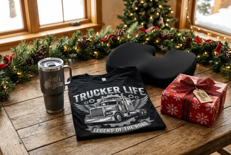A folded black graphic trucker T-shirt with a chrome semi-truck design on a rustic wooden table beside a tumbler and holiday gift box.