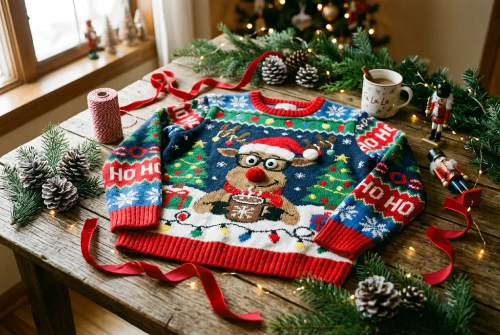 Festive humorous ugly Christmas sweater laid flat on rustic wood table surrounded by pinecones, red ribbons, and fairy lights