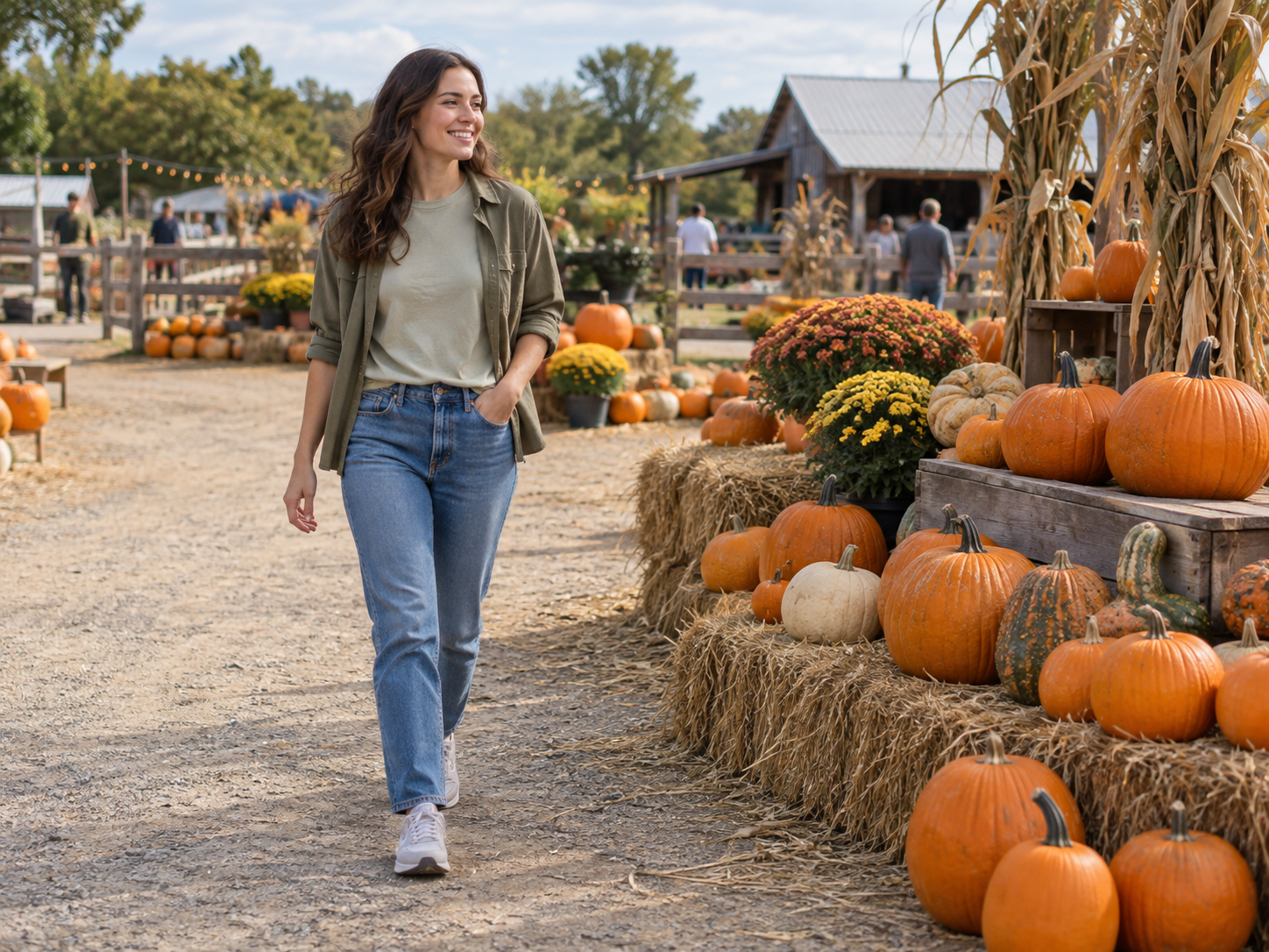9 Pumpkin Patch Outfit Ideas for Fall Photos and Farm Days 2 An adult in a pale tee, open olive overshirt, and jeans walks beside pumpkins at a farm.