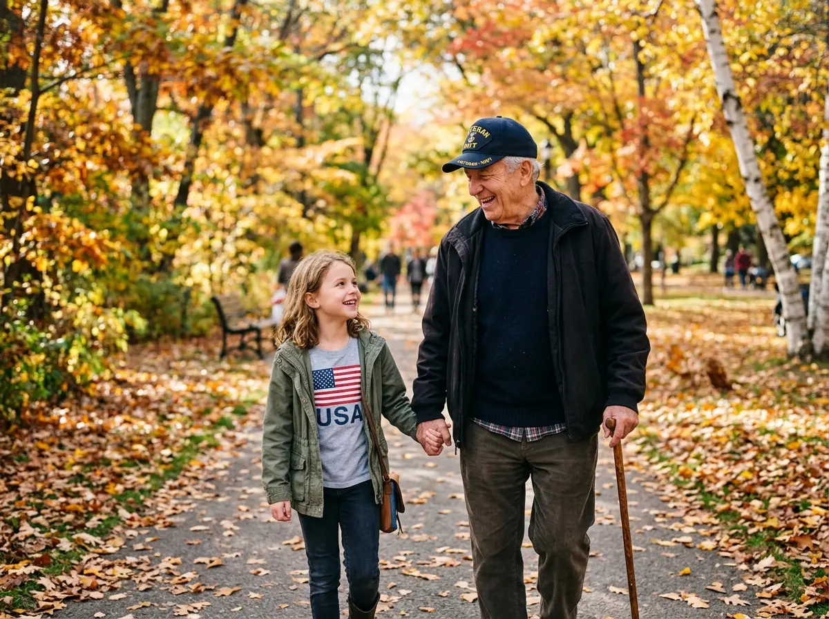 What to Wear for Veterans Day: Respectful Outfit Ideas for Parades, Work & Ceremonies 6 Smiling veteran grandfather in service cap walking with granddaughter wearing a patriotic graphic tee in autumn park