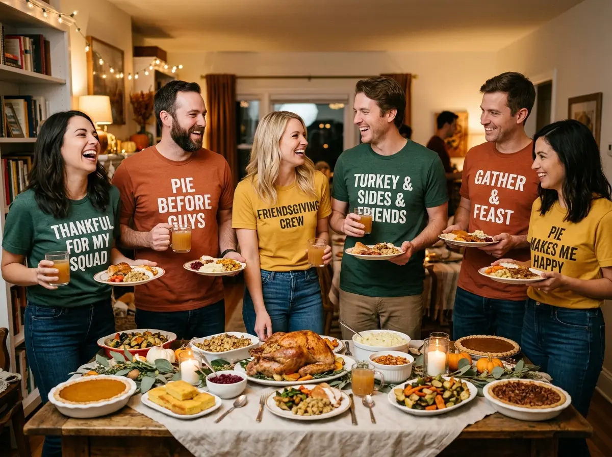 Thanksgiving Shirt Ideas: What to Wear for Dinner, Turkey Trots, and Friendsgiving 2 Group of adult friends smiling and laughing around a Friendsgiving dinner table in festive graphic shirts with roast turkey and autumn pies.