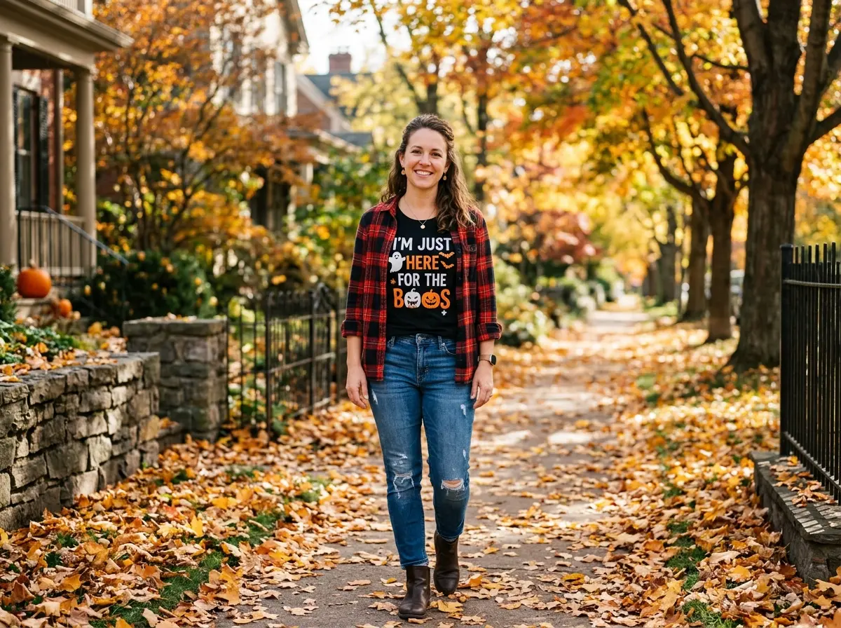 Funny Halloween Shirt Ideas: Picking the Right Joke for Your Event 6 Woman standing on a leaf-covered sidewalk wearing a black Halloween graphic tee, an open red-and-black plaid flannel, jeans, and brown boots.