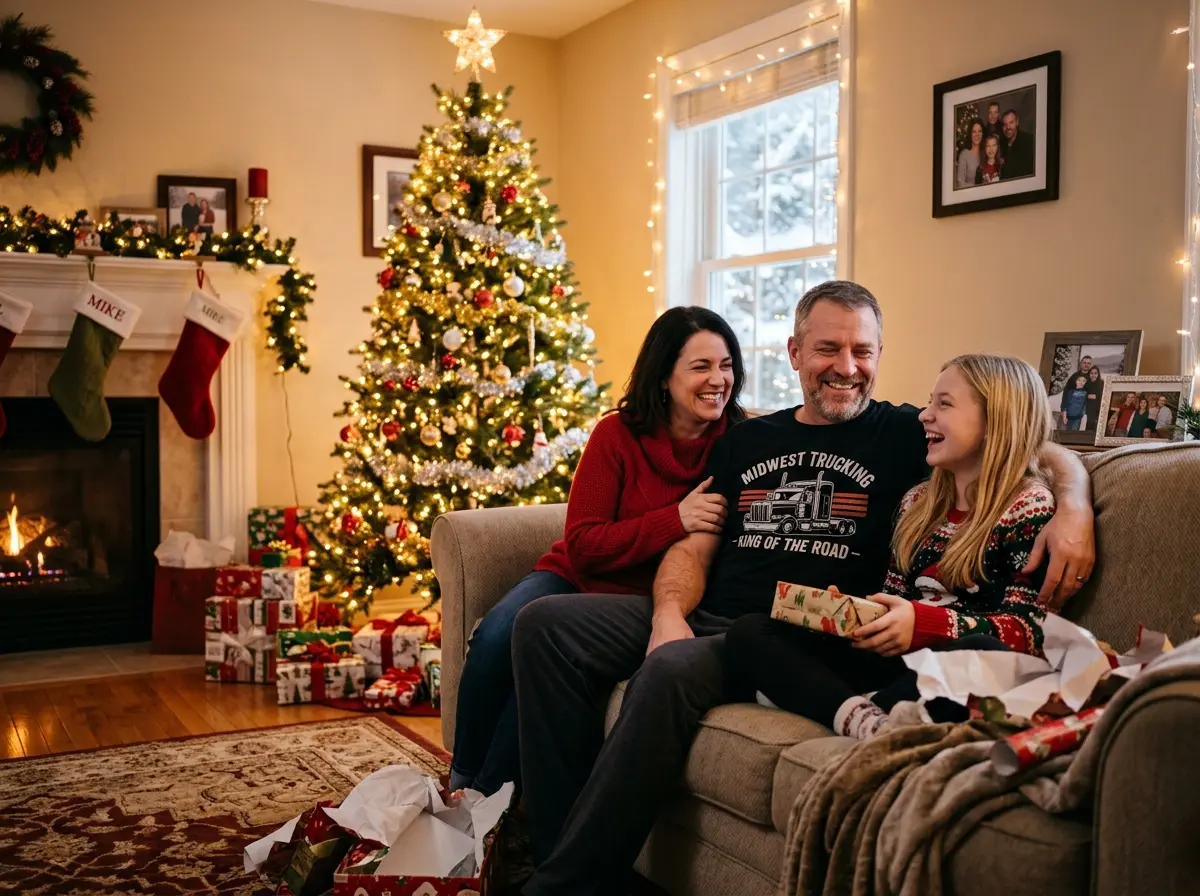 Christmas Gifts for Truck Drivers: Useful Road Gifts, Cab Gear & Off-Duty Tees 3 A smiling truck driver wearing a black graphic t-shirt relaxing with his family on the sofa in front of a Christmas tree.