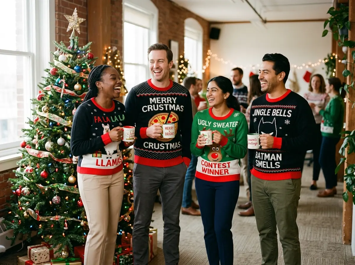 Ugly Christmas Sweater Party Outfits: Ideas for Every Venue 2 Coworkers celebrating a holiday office party in humorous ugly Christmas sweaters near a decorated tree