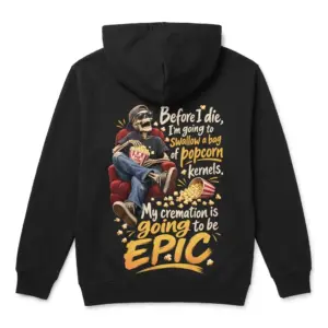 Epic Cremation Popcorn Skeleton T-Shirt 7 Back of a black hoodie printed with a skeleton holding popcorn and funny cremation quote.