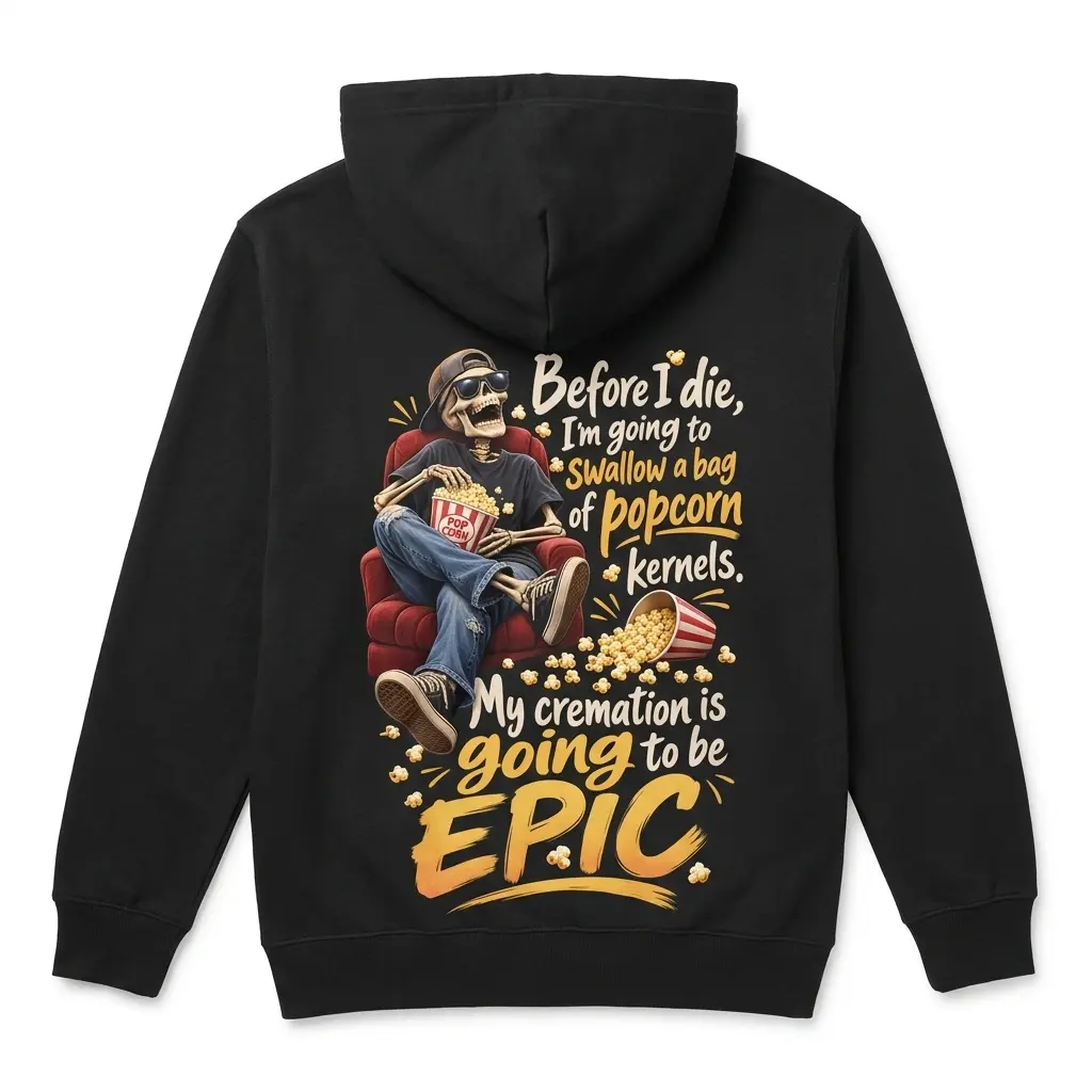 Back of a black hoodie printed with a skeleton holding popcorn and funny cremation quote.