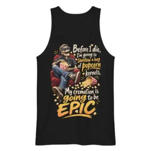 Epic Cremation Popcorn Skeleton T-Shirt 8 Back of a black tank top displaying the funny popcorn-eating skeleton design.