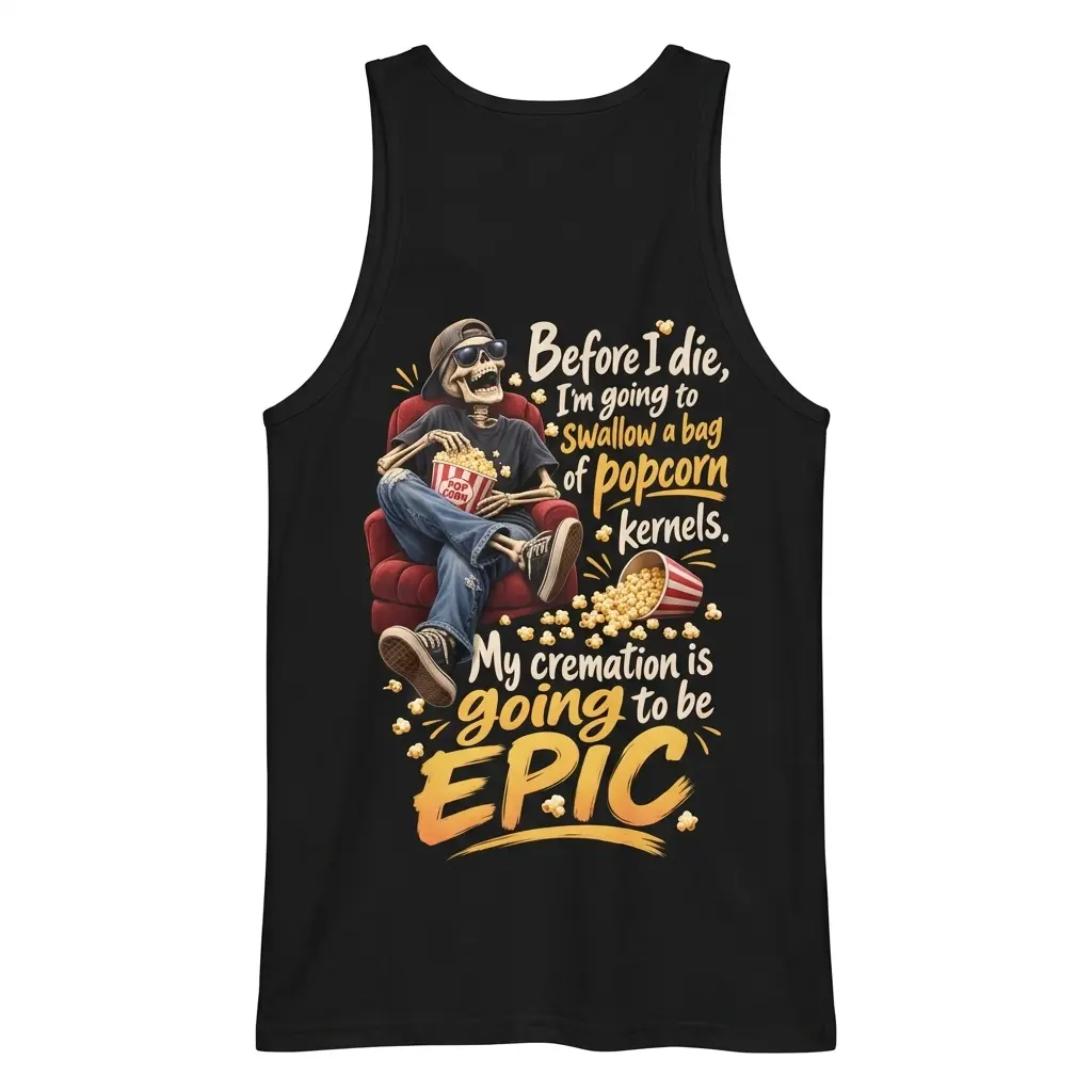 Back of a black tank top displaying the funny popcorn-eating skeleton design.