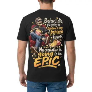 Epic Cremation Popcorn Skeleton T-Shirt 9 Back view of a man wearing the black skeleton popcorn shirt.