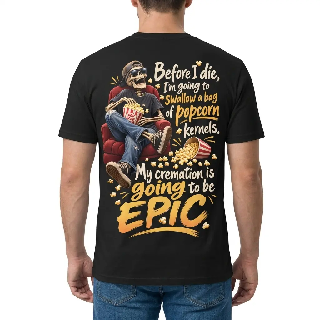 Back view of a man wearing the black skeleton popcorn shirt.