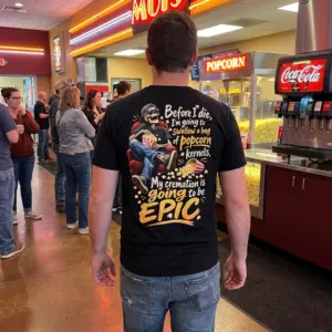 Epic Cremation Popcorn Skeleton T-Shirt 10 Lifestyle view showing the back of the funny skeleton popcorn graphic tee.