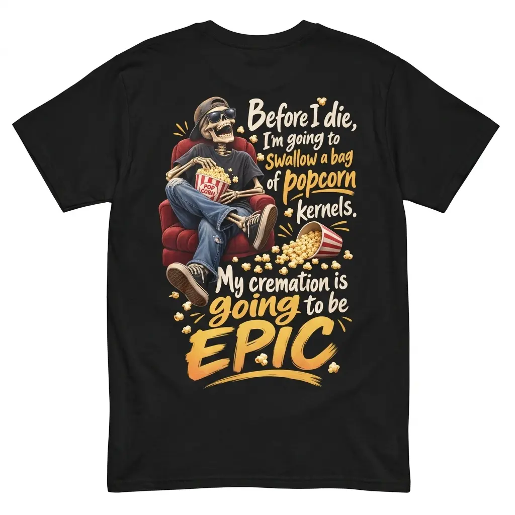 Back of black t-shirt featuring a skeleton eating popcorn with text about cremation being epic.