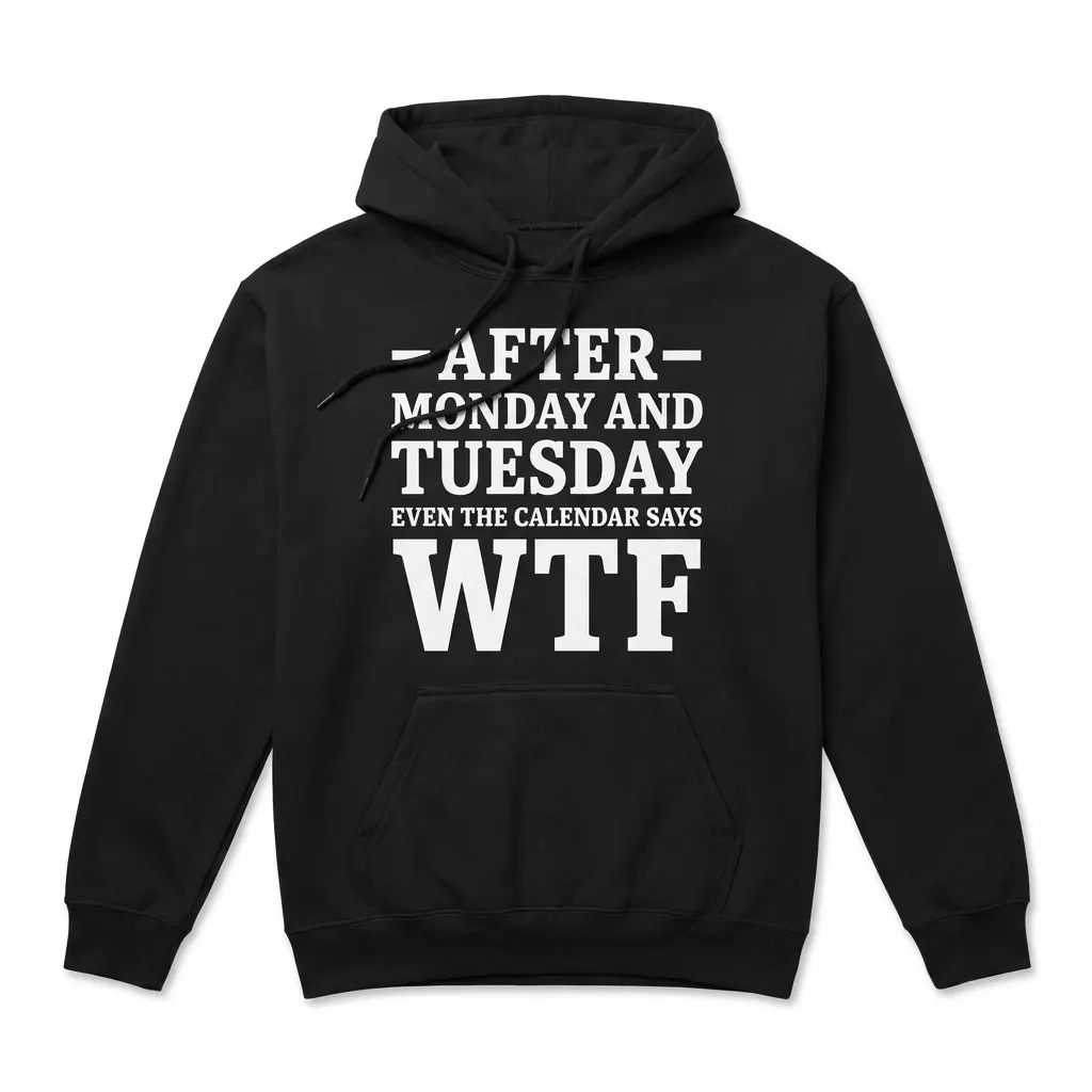 Front flat lay of a hoodie with the bold white text graphic After Monday and Tuesday Even The Calendar Says WTF.